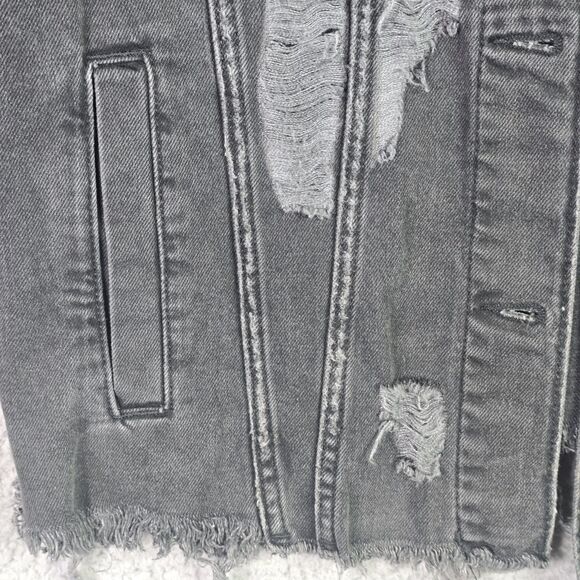 Divided Black Denim Jacket Thrashed Distressed Raw Hem Oversized Y2K Fall Retro - Picture 8 of 16